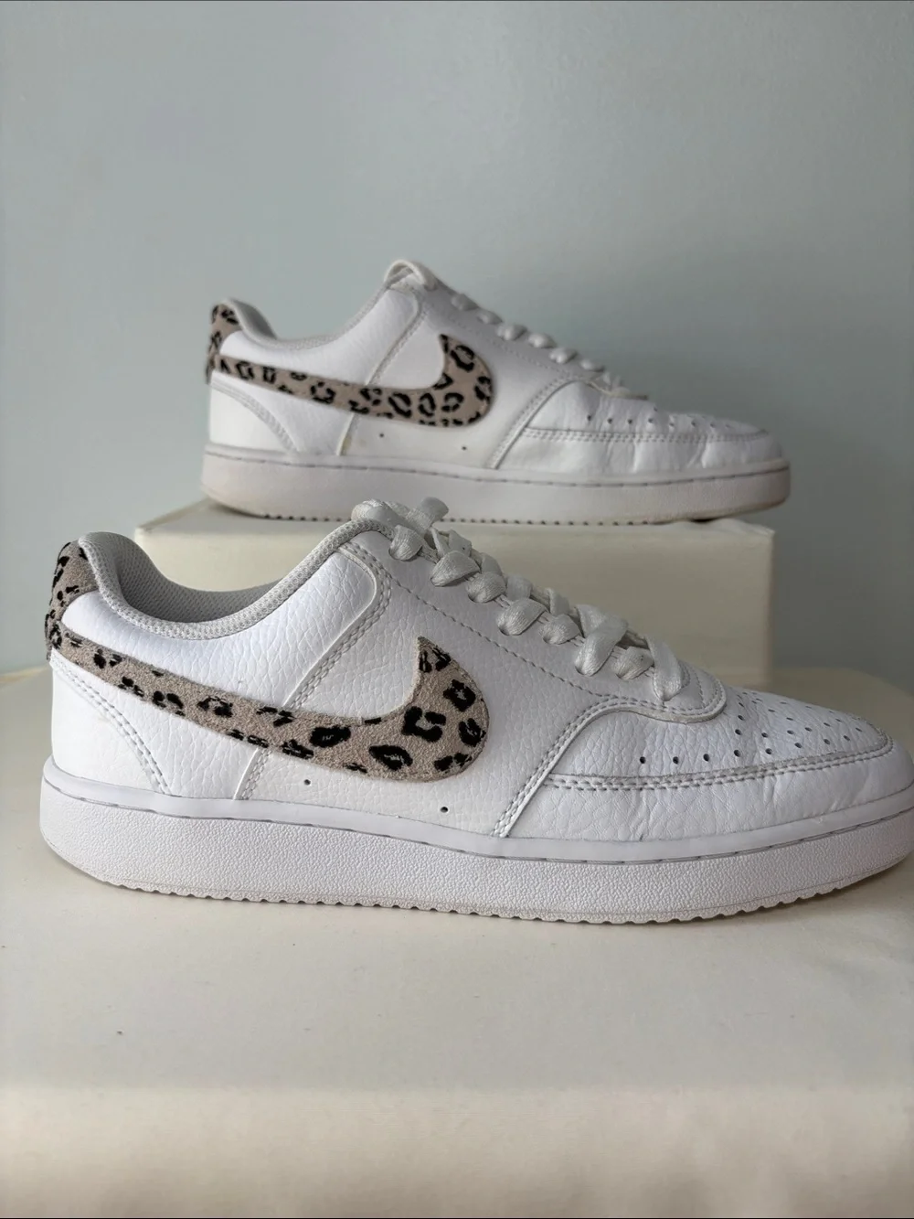 Nike Women's Court Vision Low White Sneakers with Leopard Swoosh